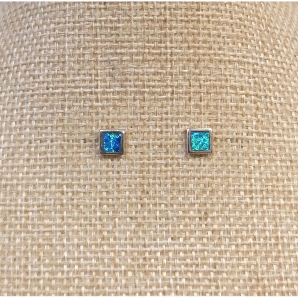 Square Sterling Silver & Opal Inlay Stud Earrings 925